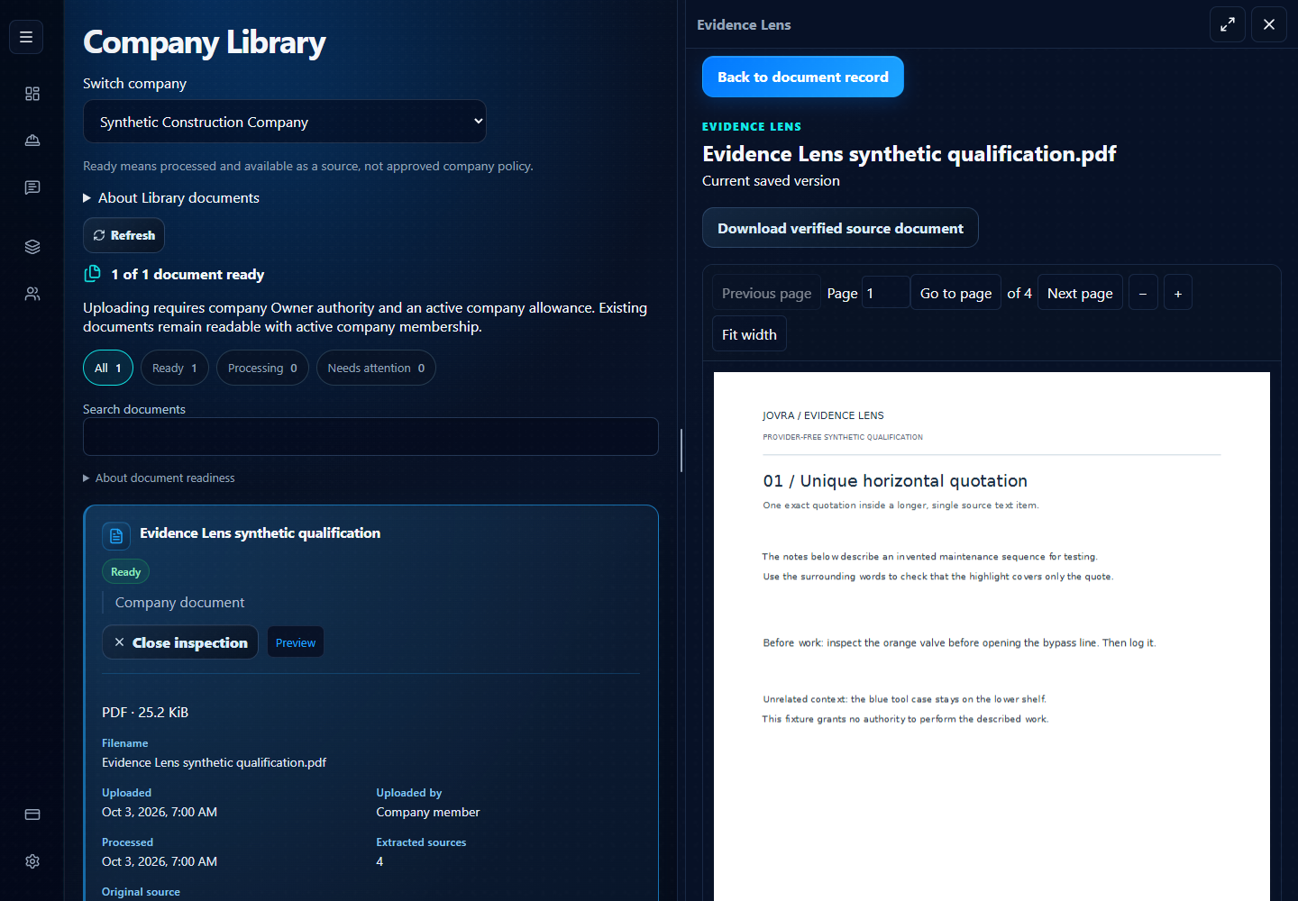 Actual Jovra Company Library showing a Ready fictional document beside its exact saved source in Evidence Lens.