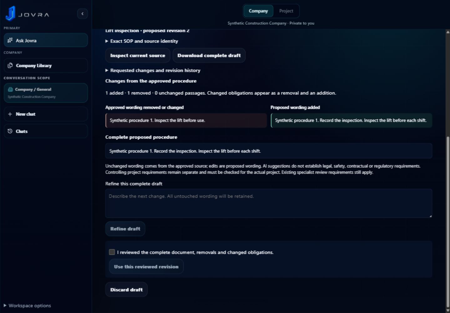 Jovra SOP review showing removed and proposed wording, the complete fictional procedure and an explicit review acknowledgement.