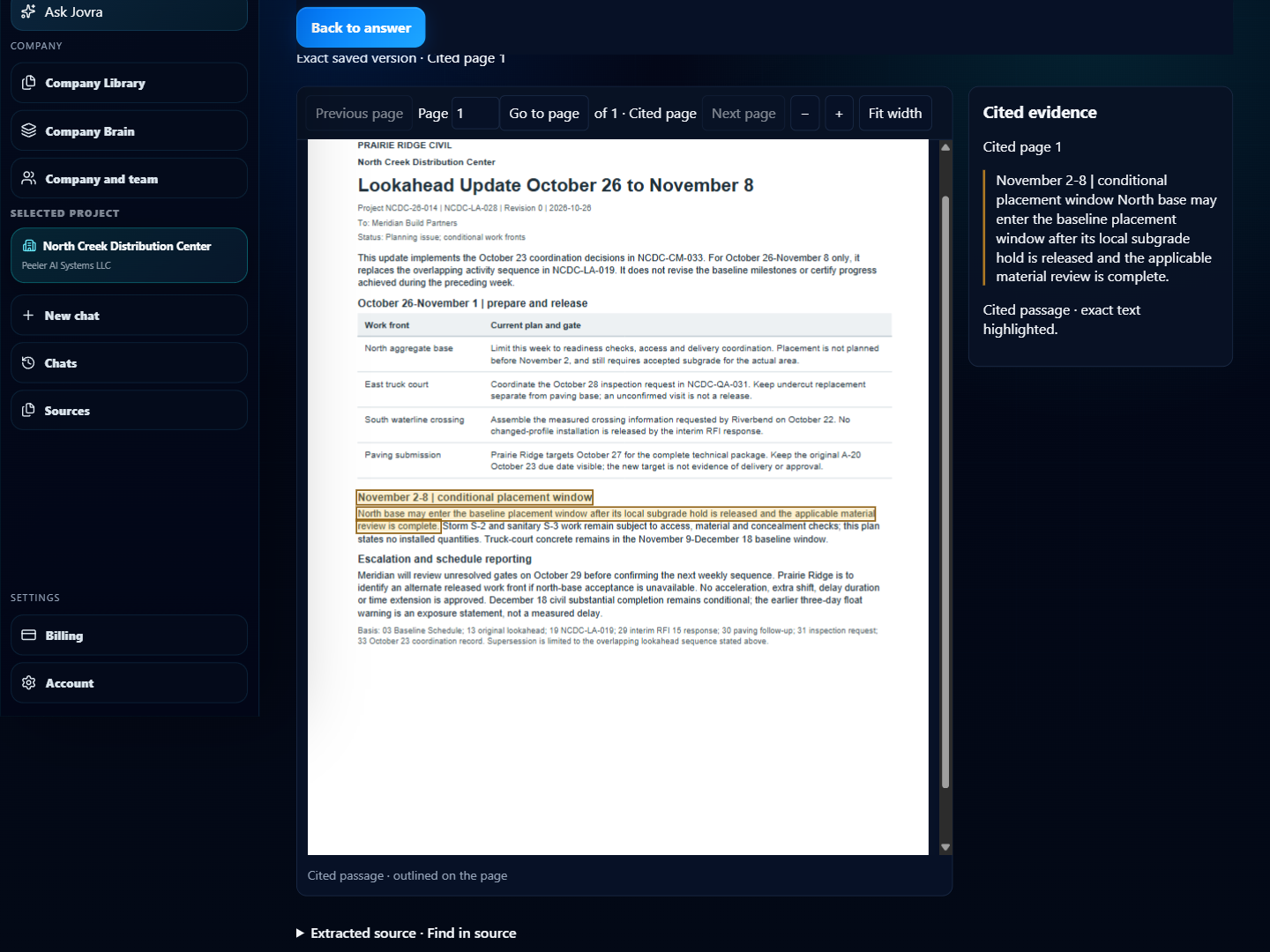 Jovra PDF Evidence Lens displaying the saved North Creek lookahead page with the cited passage highlighted beside its supporting text.